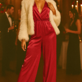 Aria Cove Satin Plunge Front Wide Leg Jumpsuit In Pink