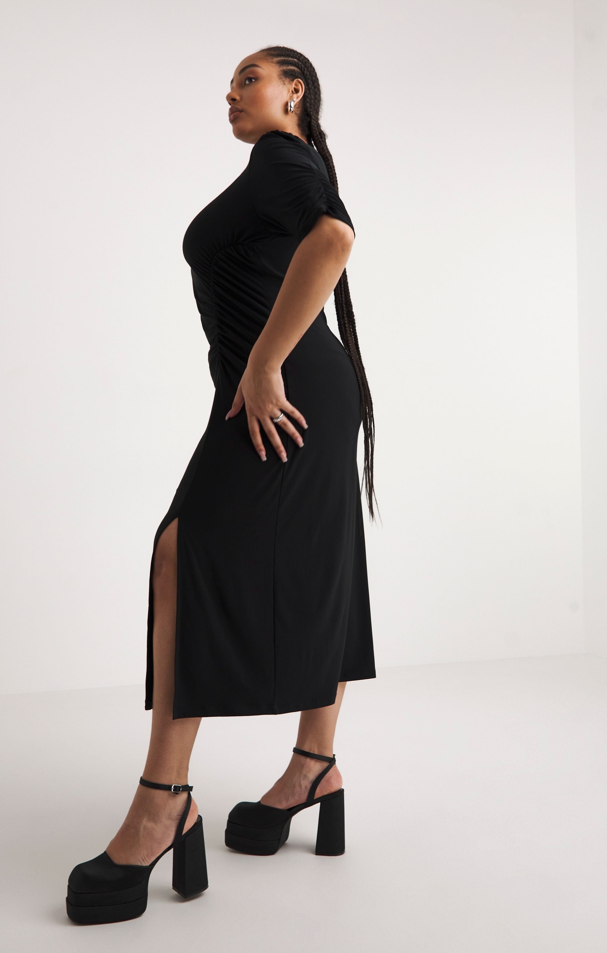 Simply Be Black Slinky Ruched Midi Dress