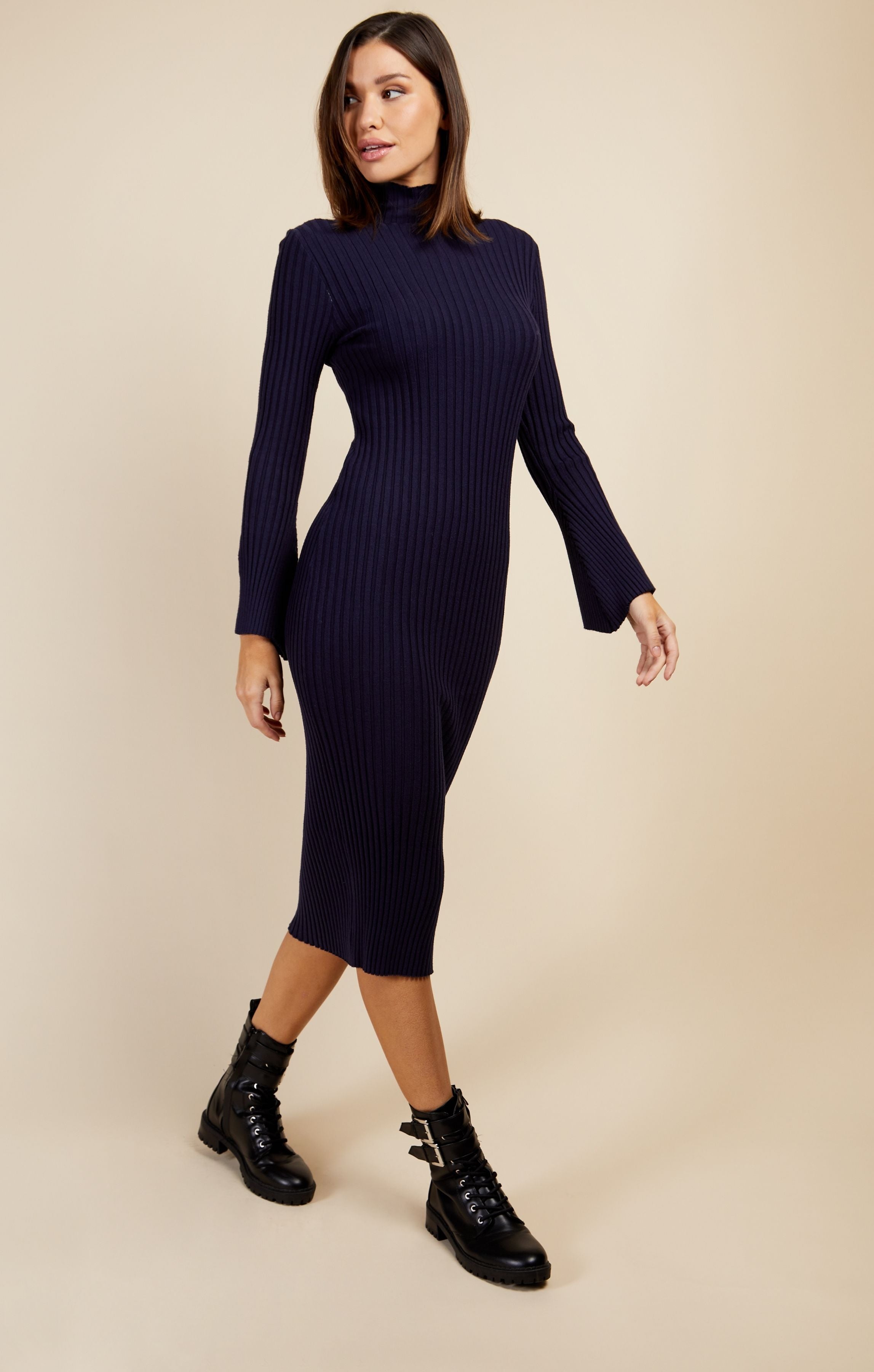 Little Mistress Navy Split Sleeve Rib Knit Midi Dress By Vogue Williams
