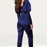 Lavish Alice Midnight Blue Puff Sleeve Satin Jumpsuit product image