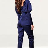 Lavish Alice Midnight Blue Puff Sleeve Satin Jumpsuit