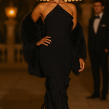 Oh Polly Mireya Ruffle-Trim Halterneck Gown in Black