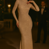 Oh Polly Celestia Embellished Long Sleeve Evening Gown in Gold