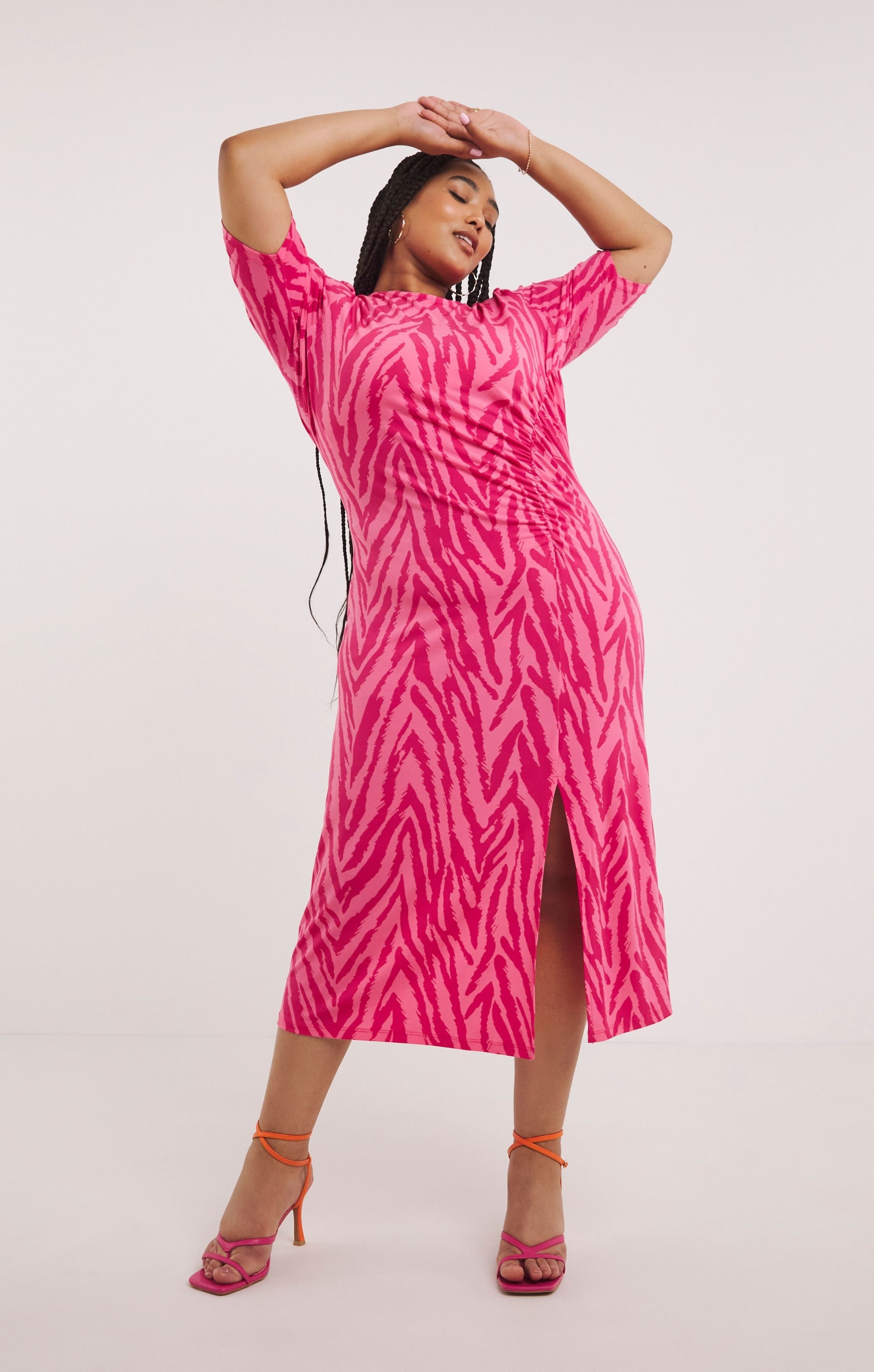 Simply Be Pink Zebra Print Slinky Ruched Midi Dress