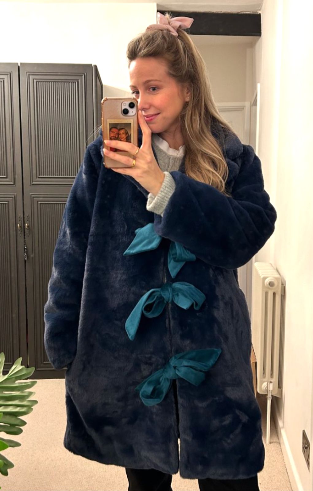 Neon Rose Bow Detail Faux Fur Maxi Coat In Blue