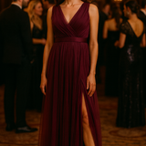 Anaya Wrap Front Maxi Tulle Dress In Red Plum