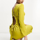 ASOS DESIGN Satin Long Sleeve Maxi Dress With Drawstring Back In Olive