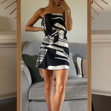 Asos Design Satin Bandeau Asymetric Hem Mini Dress With Ruched Bodice Detail In Mono Abstract Print