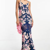 Hope & Ivy Contrast Lace Floral Maxi Dress In Navy