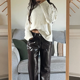 Vero Moda Petite Vinyl High Rise Straight Leg Trousers In Brown