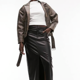 Topshop Tall Leather Look Denim Styled Maxi Skirt In Black