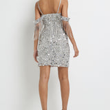 River Island Silver Tassel Bardot Sequin Mini Dress product image