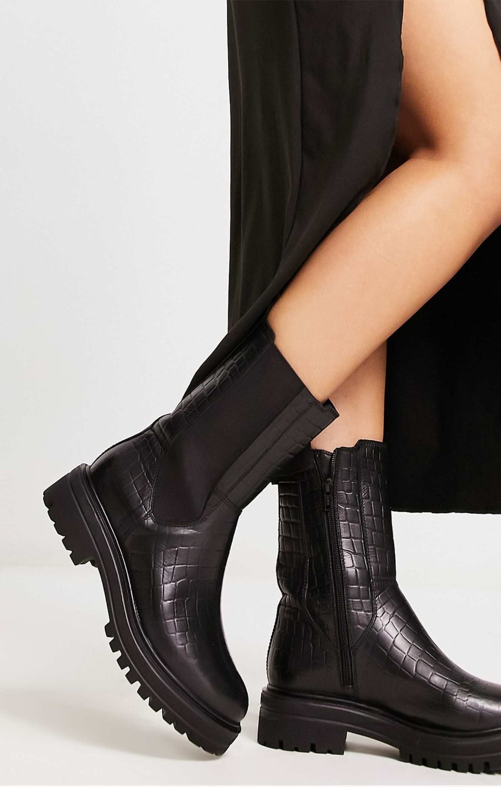 London Rebel Leather Wide Fit Chunky Chelsea Boot In Black Croc