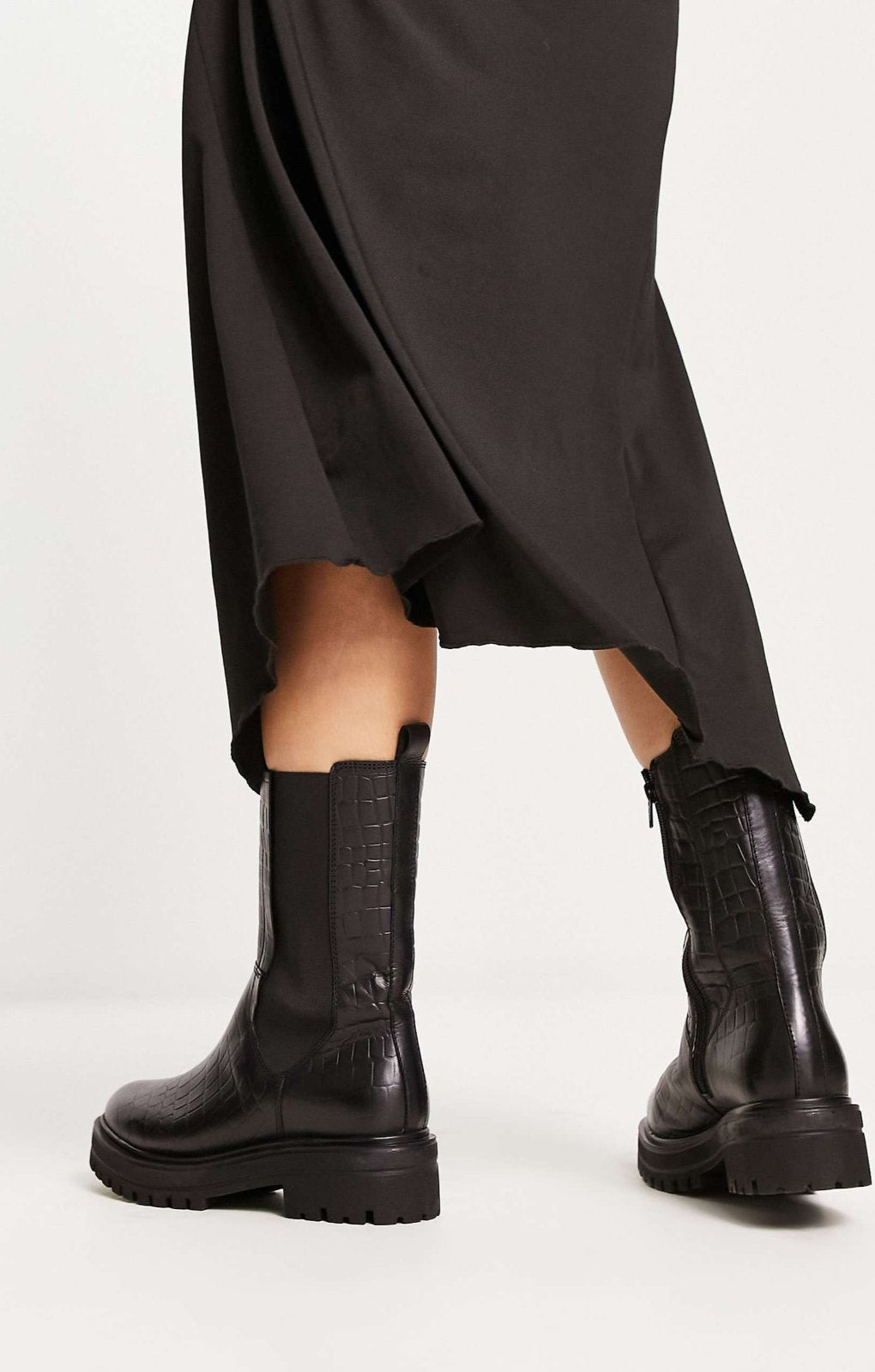 London Rebel Leather Wide Fit Chunky Chelsea Boot In Black Croc