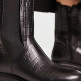London Rebel Leather Wide Fit Chunky Chelsea Boot In Black Croc