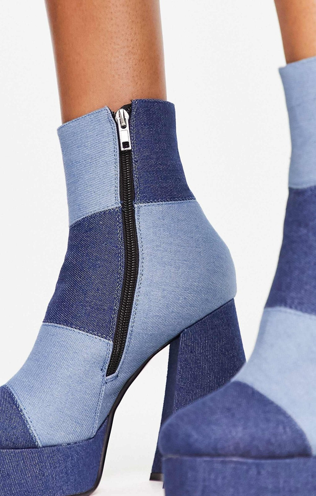 Lamoda 90S Denim Patchwork Heeled Boots In Blue