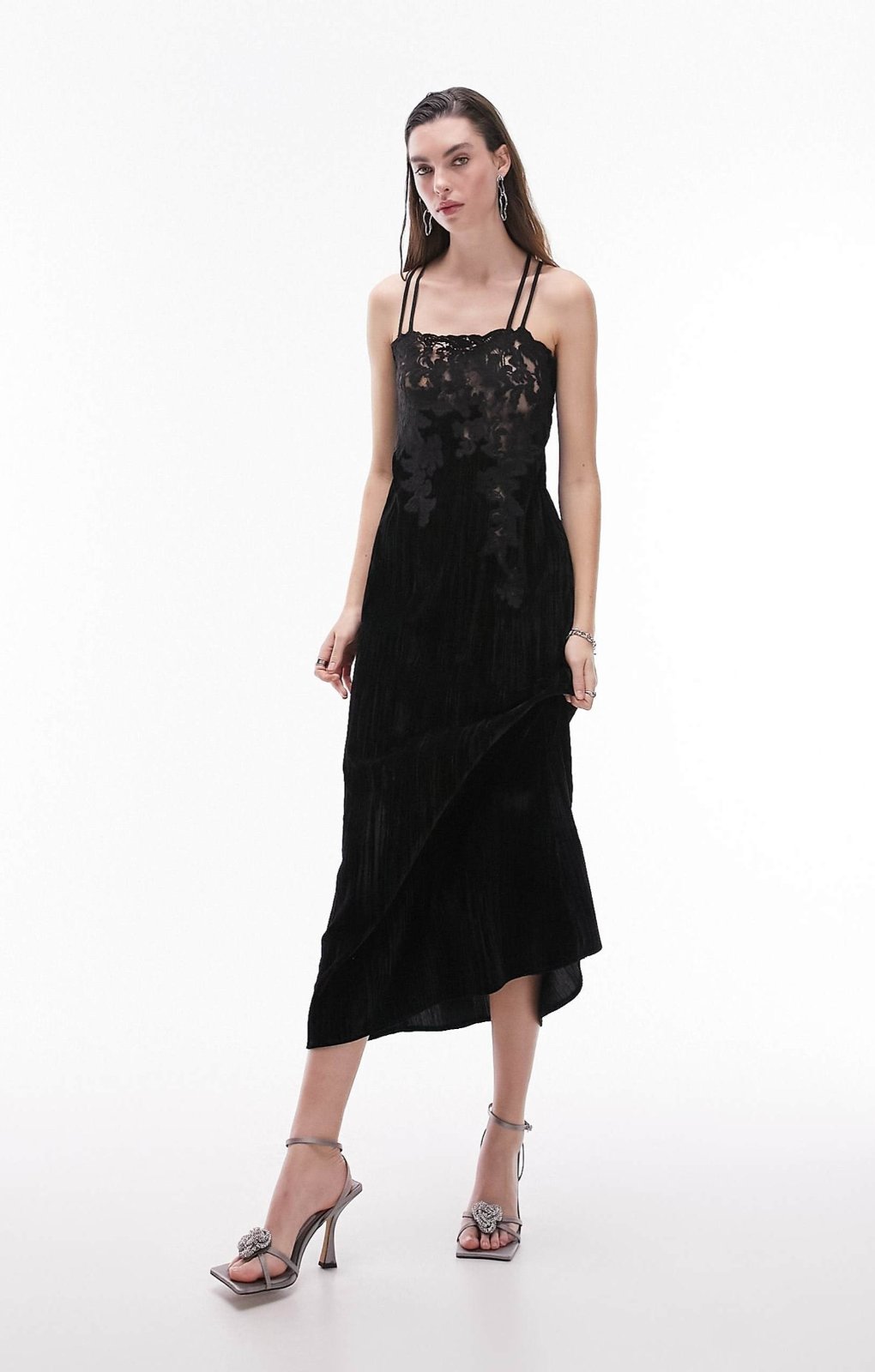 Topshop Velvet And Lace Midi Slip Dress In Black