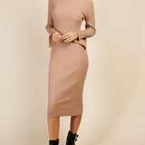Little Mistress Camel Split Sleeve Rib Knit Midi Dress