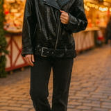 ASOS DESIGN Petite Faux Leather Croc Longline Biker Jacket In Black