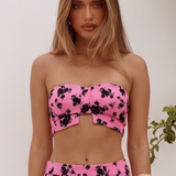 Vila Bandeau Top In Pink Floral Jacquard