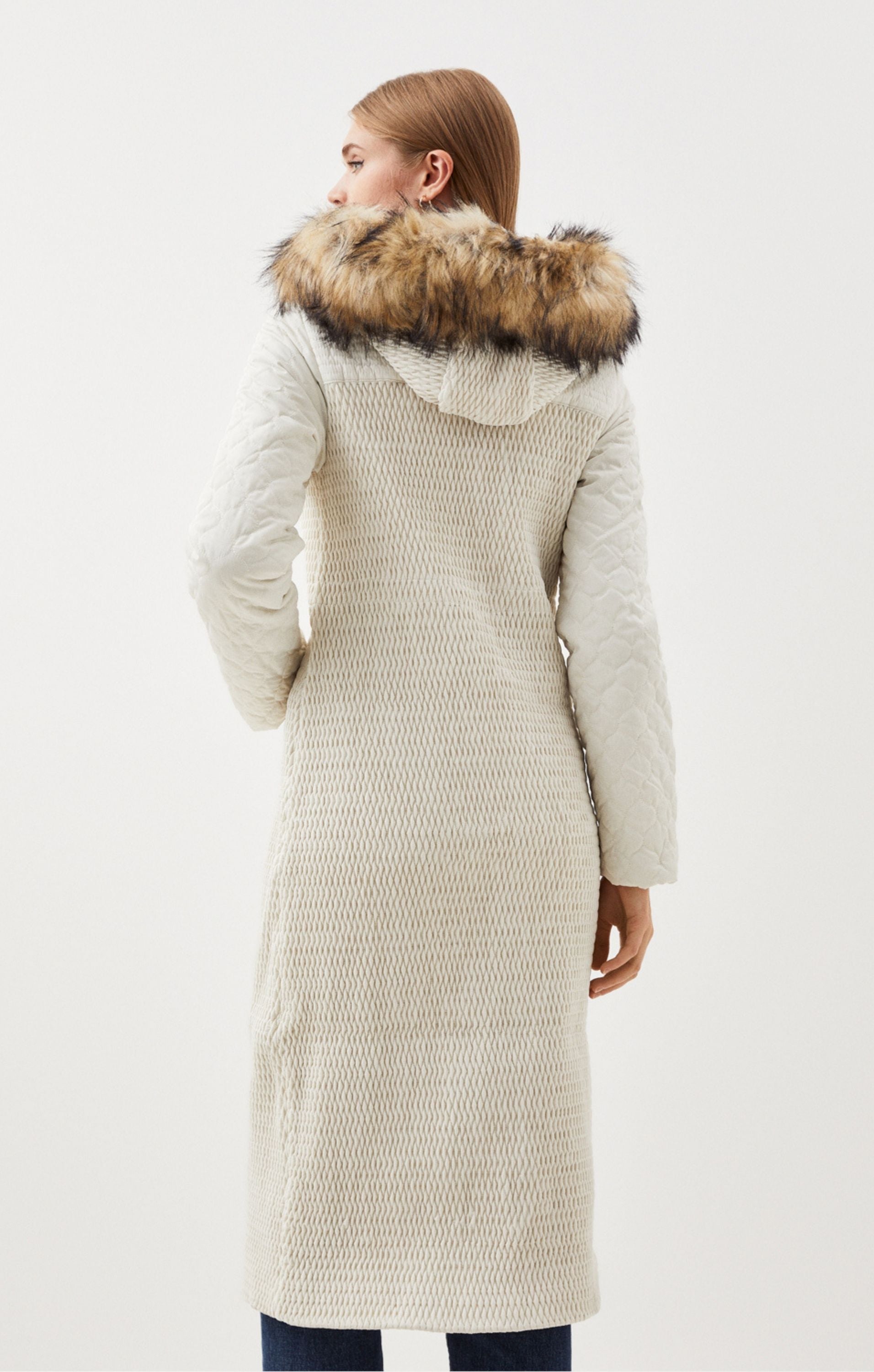 Karen Millen Signature Quilt Faux Fur Hood Longline Coat