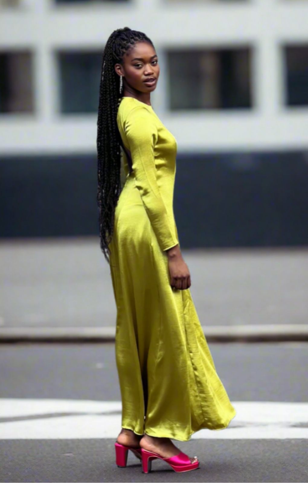 Topshop Open Back Long Sleeve Satin Occasion Maxi Dress In Chartreuse