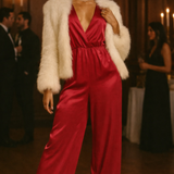 Aria Cove Satin Plunge Front Wide Leg Jumpsuit In Pink