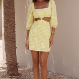 The Frolic Exclusive Gingham Twist Puff Sleeve Mini Dress In Lemon