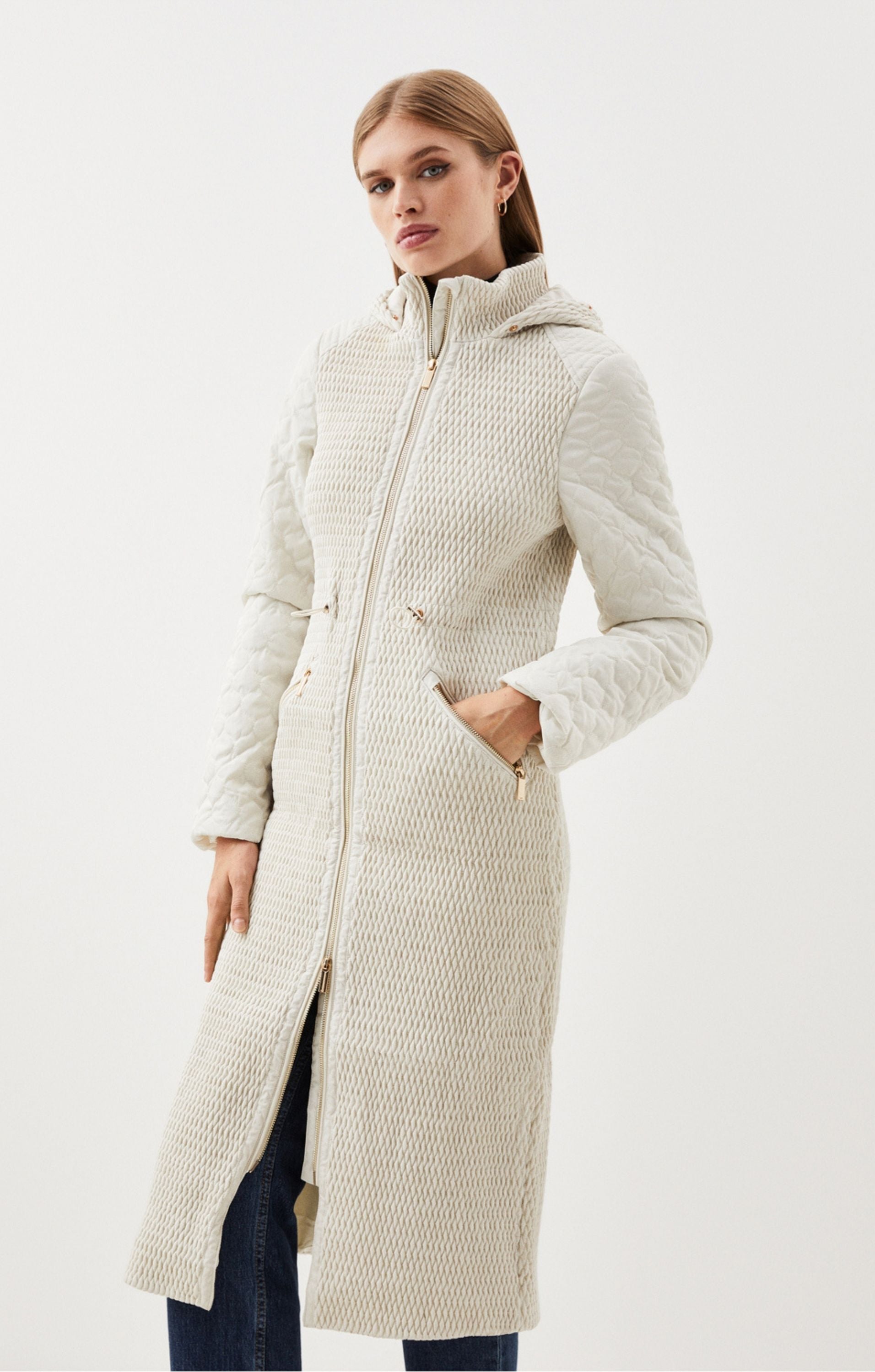 Karen Millen Signature Quilt Faux Fur Hood Longline Coat