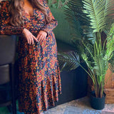 Nobody's Child Black and Orange Floral Cara Midi Dress