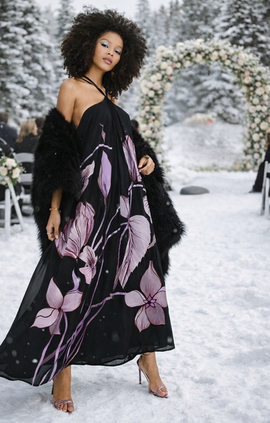 Rent Asos Edition Halter Trapeze Midi Dress With Trailing Tulip Embroidery  In Black