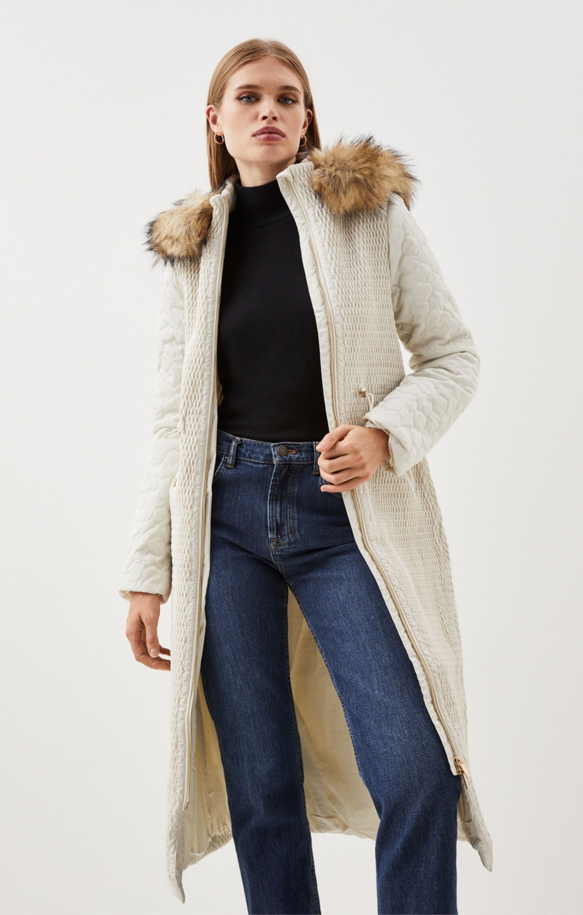 Karen Millen Signature Quilt Faux Fur Hood Longline Coat