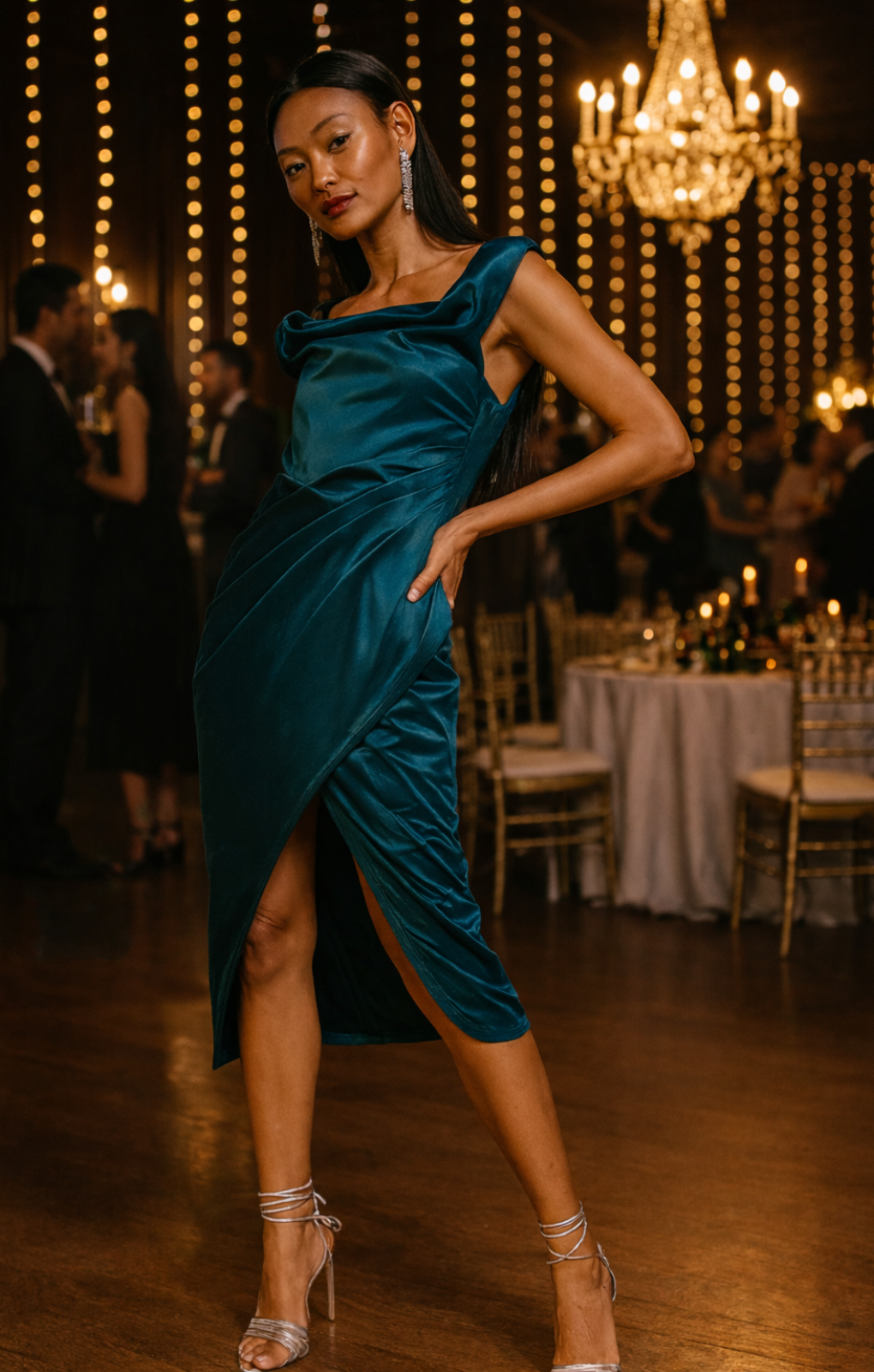 slim fit dress slacks Draped Satin One Shoulder Slit Gown by Ladivine CD327 – ABC Fashion main image 0