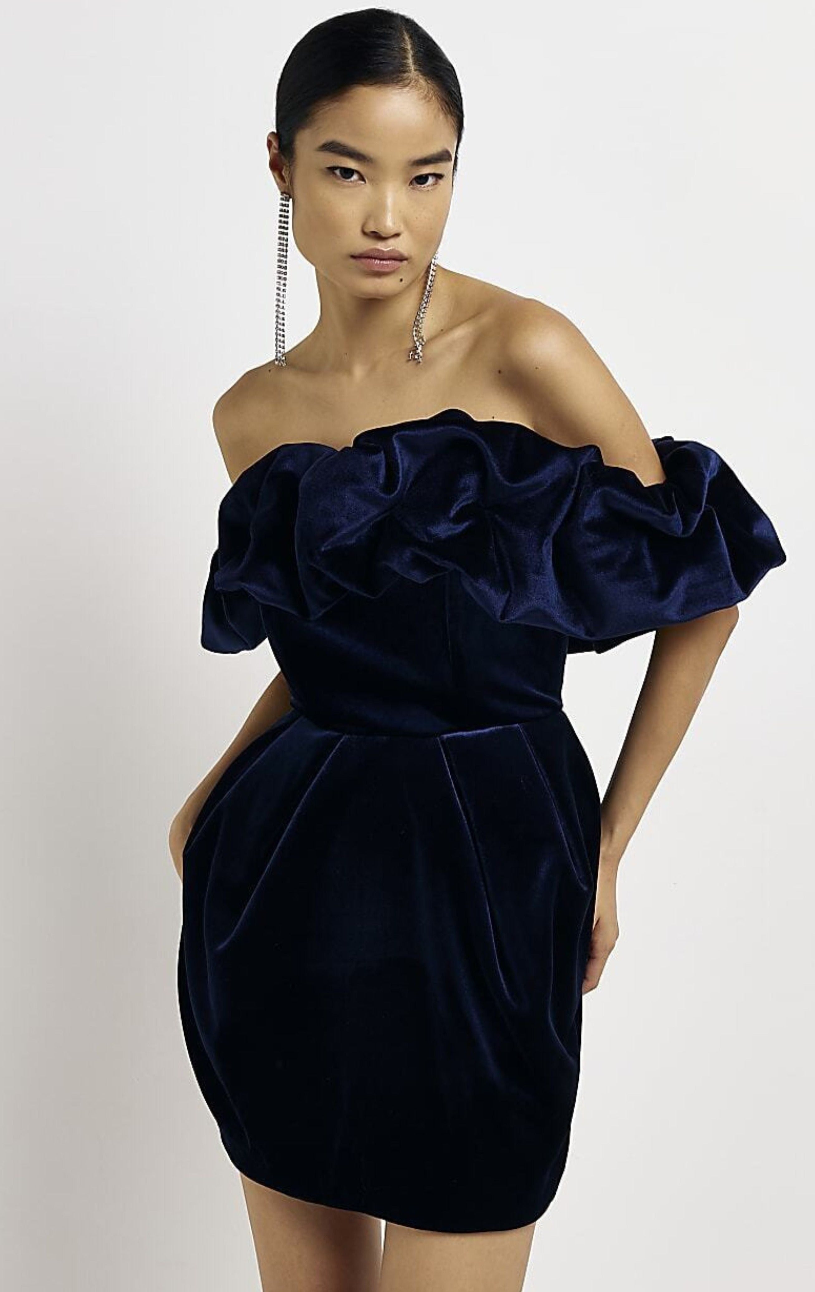 River Island Navy Velvet Puff Bardot Dress product image