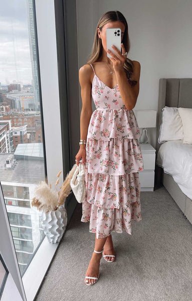 new look tiered midi dress Rent New Look Floral Tiered Dress in Pink