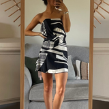 Asos Design Satin Bandeau Asymetric Hem Mini Dress With Ruched Bodice Detail In Mono Abstract Print