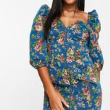 ASOS DESIGN Tapestry Corset Mini Dress With Long Sleeves In Blue Floral