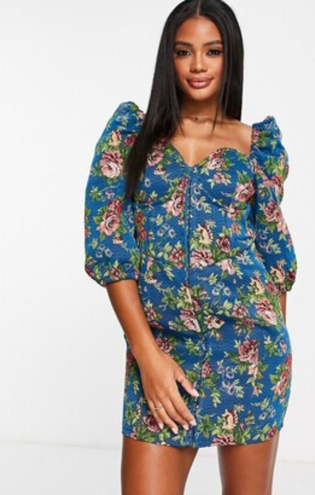 ASOS DESIGN Tapestry Corset Mini Dress With Long Sleeves In Blue Floral