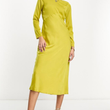 ASOS DESIGN Satin Long Sleeve Maxi Dress With Drawstring Back In Olive