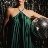 Little Mistress Green Satin Pleated Midaxi Dress