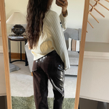 Vero Moda Petite Vinyl High Rise Straight Leg Trousers In Brown