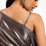 ASOS DESIGN Off Shoulder Grecian Drape Midi Dress In Gold Foil