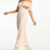 ASOS DESIGN Textured Bardot Midi Dress With Cut Out Side In Pink And Yellow Check