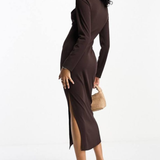 ASOS DESIGN Long Sleeve Midi Dress With Cup Detail In Chocolate