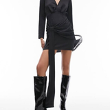 Topshop Long Sleeve Tie Front Mini Dress In Black