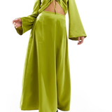 Vero Moda Satin Maxi Skirt In Olive