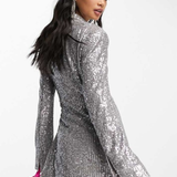 ASOS DESIGN Petite Jersey Sequin Tie Waist Blazer In Gunmetal
