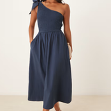 Nobody's Child Petite One Shoulder Navy Shirred Dress Plain