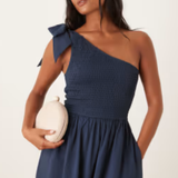 Nobody's Child Petite One Shoulder Navy Shirred Dress Plain