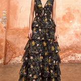 True Decadence Nature-Floral Tiered Maxi-Dress - Black